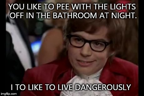 I Too Like To Live Dangerously | YOU LIKE TO PEE WITH THE LIGHTS OFF IN THE BATHROOM AT NIGHT. I TO LIKE TO LIVE DANGEROUSLY | image tagged in memes,i too like to live dangerously | made w/ Imgflip meme maker