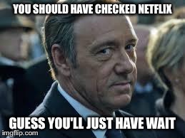 YOU SHOULD HAVE CHECKED NETFLIX GUESS YOU'LL JUST HAVE WAIT | image tagged in aaaaand its gone | made w/ Imgflip meme maker