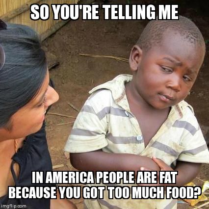 Third World Skeptical Kid | SO YOU'RE TELLING ME IN AMERICA PEOPLE ARE FAT BECAUSE YOU GOT TOO MUCH FOOD? | image tagged in memes,third world skeptical kid | made w/ Imgflip meme maker