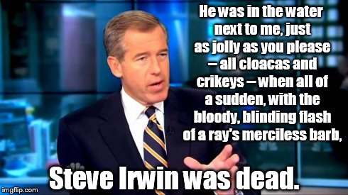 Bwillie | He was in the water next to me, just as jolly as you please -- all cloacas and crikeys -- when all of a sudden, with the bloody, blinding fl | image tagged in bwillie | made w/ Imgflip meme maker