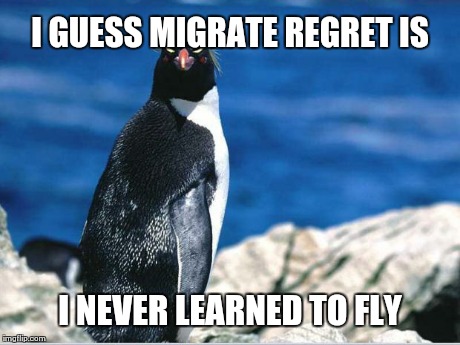 Penguin of Displeasure | I GUESS MIGRATE REGRET IS I NEVER LEARNED TO FLY | image tagged in penguin of displeasure,puns | made w/ Imgflip meme maker