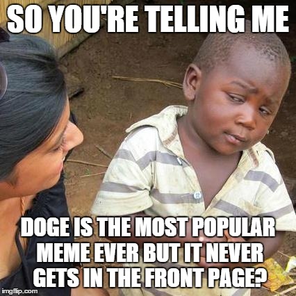 Good as an image, maybe? | SO YOU'RE TELLING ME DOGE IS THE MOST POPULAR MEME EVER BUT IT NEVER GETS IN THE FRONT PAGE? | image tagged in memes,third world skeptical kid,doge,logic | made w/ Imgflip meme maker