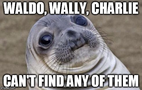 WALDO, WALLY, CHARLIE CAN'T FIND ANY OF THEM | image tagged in memes,awkward moment sealion | made w/ Imgflip meme maker