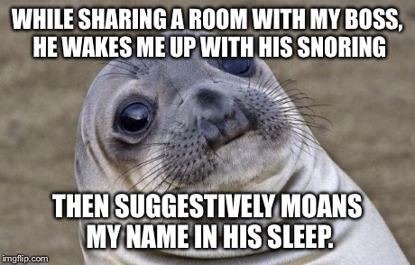 Awkward Moment Sealion | WHILE SHARING A ROOM WITH MY BOSS, HE WAKES ME UP WITH HIS SNORING THEN SUGGESTIVELY MOANS MY NAME IN HIS SLEEP. | image tagged in memes,awkward moment sealion | made w/ Imgflip meme maker