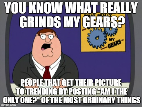 Peter Griffin News | YOU KNOW WHAT REALLY GRINDS MY GEARS? PEOPLE THAT GET THEIR PICTURE TO TRENDING BY POSTING "AM I THE ONLY ONE?" OF THE MOST ORDINARY THINGS | image tagged in memes,peter griffin news | made w/ Imgflip meme maker