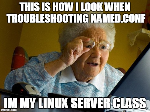 Grandma Finds The Internet Meme | THIS IS HOW I LOOK WHEN TROUBLESHOOTING NAMED.CONF IM MY LINUX SERVER CLASS | image tagged in memes,grandma finds the internet | made w/ Imgflip meme maker