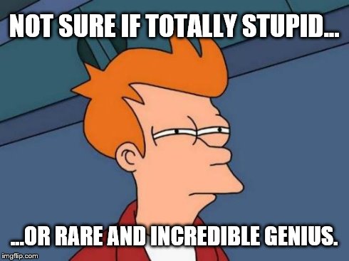 Futurama Fry Meme | NOT SURE IF TOTALLY STUPID... ...OR RARE AND INCREDIBLE GENIUS. | image tagged in memes,futurama fry | made w/ Imgflip meme maker