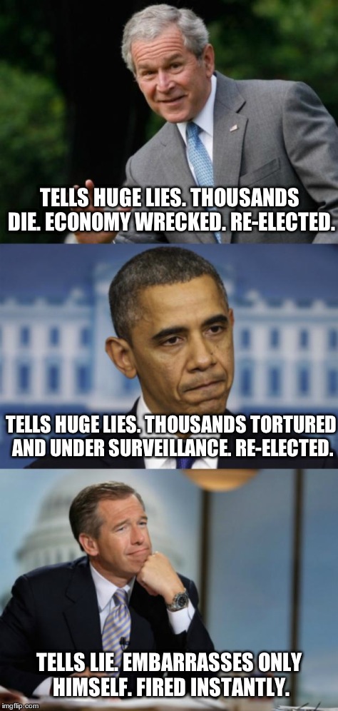 Stop Making Sense | TELLS HUGE LIES. THOUSANDS DIE. ECONOMY WRECKED.RE-ELECTED. TELLS LIE. EMBARRASSES ONLY HIMSELF. FIRED INSTANTLY. TELLS HUGE LIES. THOUSAND | image tagged in brian williams,obama,george bush,brian williams was there | made w/ Imgflip meme maker
