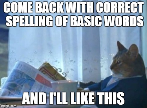 I Should Buy A Boat Cat Meme | COME BACK WITH CORRECT SPELLING OF BASIC WORDS AND I'LL LIKE THIS | image tagged in memes,i should buy a boat cat | made w/ Imgflip meme maker