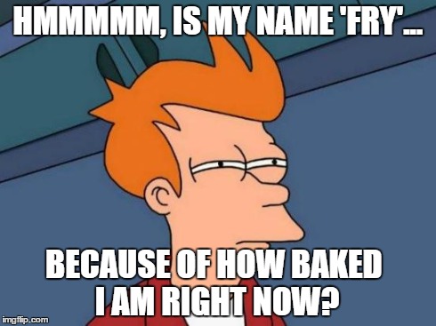 How high, is Fry? | HMMMMM, IS MY NAME 'FRY'... BECAUSE OF HOW BAKED I AM RIGHT NOW? | image tagged in memes,futurama fry | made w/ Imgflip meme maker