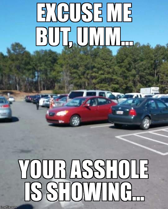 Parking fail | EXCUSE ME BUT, UMM... YOUR ASSHOLE IS SHOWING... | image tagged in parking | made w/ Imgflip meme maker