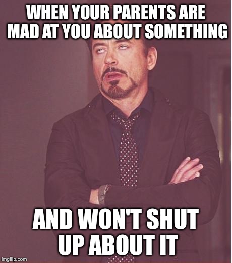 The most annoying phenomena on earth  | WHEN YOUR PARENTS ARE MAD AT YOU ABOUT SOMETHING AND WON'T SHUT UP ABOUT IT | image tagged in memes,face you make robert downey jr | made w/ Imgflip meme maker