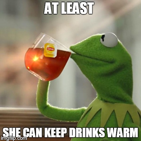 But That's None Of My Business Meme | AT LEAST SHE CAN KEEP DRINKS WARM | image tagged in memes,but thats none of my business,kermit the frog | made w/ Imgflip meme maker