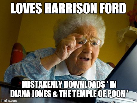 Grandma Finds The Internet Meme | LOVES HARRISON FORD MISTAKENLY DOWNLOADS ' IN DIANA JONES & THE TEMPLE OF POON ' | image tagged in memes,grandma finds the internet | made w/ Imgflip meme maker