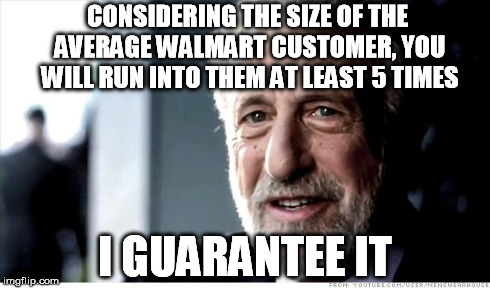 CONSIDERING THE SIZE OF THE AVERAGE WALMART CUSTOMER, YOU WILL RUN INTO THEM AT LEAST 5 TIMES I GUARANTEE IT | made w/ Imgflip meme maker