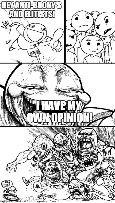 Hey Internet | HEY ANTI-BRONY'S AND ELITISTS! I HAVE MY OWN OPINION! | image tagged in memes,hey internet | made w/ Imgflip meme maker