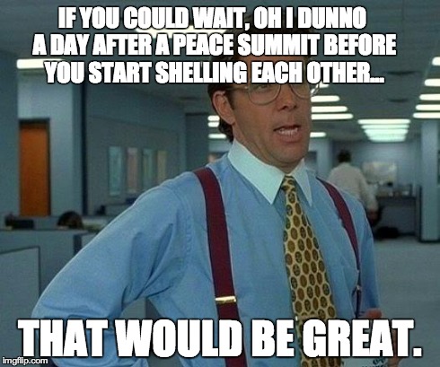 That Would Be Great Meme | IF YOU COULD WAIT, OH I DUNNO A DAY AFTER A PEACE SUMMIT BEFORE YOU START SHELLING EACH OTHER... THAT WOULD BE GREAT. | image tagged in memes,that would be great | made w/ Imgflip meme maker