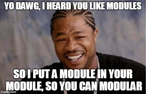 Yo Dawg Heard You Meme | YO DAWG, I HEARD YOU LIKE MODULES SO I PUT A MODULE IN YOUR MODULE, SO YOU CAN MODULAR | image tagged in memes,yo dawg heard you | made w/ Imgflip meme maker