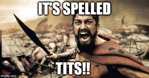 Sparta Leonidas Meme | IT'S SPELLED TITS!! | image tagged in memes,sparta leonidas | made w/ Imgflip meme maker