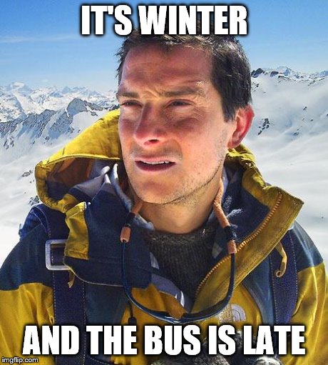 Bear Grylls | IT'S WINTER AND THE BUS IS LATE | image tagged in memes,bear grylls | made w/ Imgflip meme maker