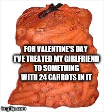 FOR VALENTINE'S DAY I'VE TREATED MY GIRLFRIEND TO SOMETHING WITH 24 CARROTS IN IT | image tagged in carrot bag | made w/ Imgflip meme maker