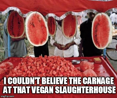 vegan slaughterhouse | I COULDN'T BELIEVE THE CARNAGE AT THAT VEGAN SLAUGHTERHOUSE | image tagged in vegan,vegetarian,food,animals,watermelon | made w/ Imgflip meme maker