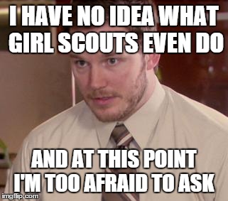 Afraid To Ask Andy (Closeup) Meme | I HAVE NO IDEA WHAT GIRL SCOUTS EVEN DO AND AT THIS POINT I'M TOO AFRAID TO ASK | image tagged in and i'm too afraid to ask andy | made w/ Imgflip meme maker