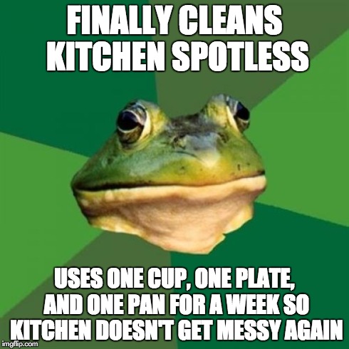 Foul Bachelor Frog Meme | FINALLY CLEANS KITCHEN SPOTLESS USES ONE CUP, ONE PLATE, AND ONE PAN FOR A WEEK SO KITCHEN DOESN'T GET MESSY AGAIN | image tagged in memes,foul bachelor frog,AdviceAnimals | made w/ Imgflip meme maker