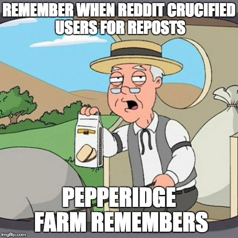 Pepperidge Farm Remembers | REMEMBER WHEN REDDIT CRUCIFIED USERS FOR REPOSTS PEPPERIDGE FARM REMEMBERS | image tagged in memes,pepperidge farm remembers,AdviceAnimals | made w/ Imgflip meme maker