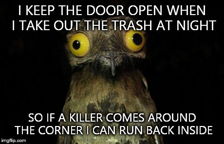 Weird Stuff I Do Potoo Meme | I KEEP THE DOOR OPEN WHEN I TAKE OUT THE TRASH AT NIGHT SO IF A KILLER COMES AROUND THE CORNER I CAN RUN BACK INSIDE | image tagged in memes,weird stuff i do potoo | made w/ Imgflip meme maker