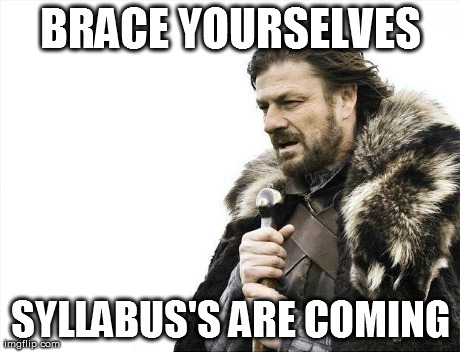 Brace Yourselves X is Coming Meme | BRACE YOURSELVES SYLLABUS'S ARE COMING | image tagged in memes,brace yourselves x is coming | made w/ Imgflip meme maker
