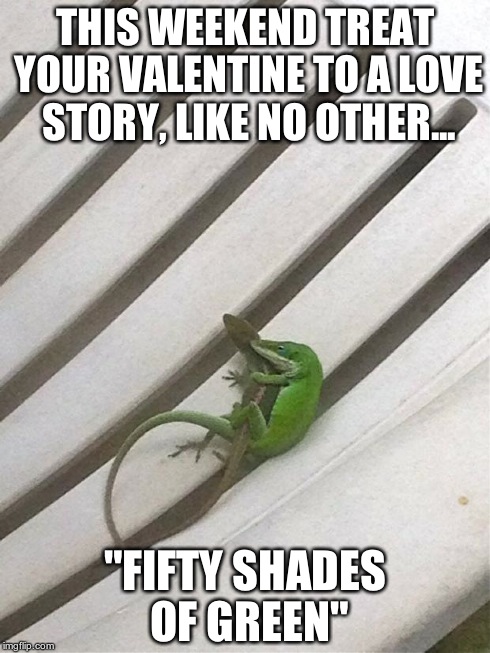 "FIFTY SHADES OF GREEN" | THIS WEEKEND TREAT YOUR VALENTINE TO A LOVE STORY, LIKE NO OTHER... "FIFTY SHADES OF GREEN" | image tagged in valentine's day | made w/ Imgflip meme maker