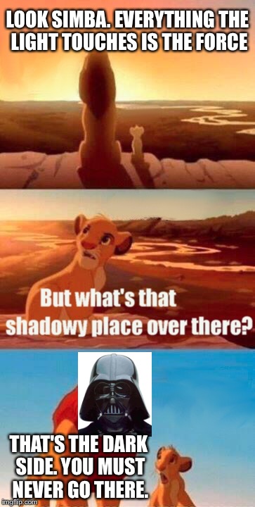Simba Shadowy Place Meme | LOOK SIMBA. EVERYTHING THE LIGHT TOUCHES IS THE FORCE THAT'S THE DARK SIDE. YOU MUST NEVER GO THERE. | image tagged in memes,simba shadowy place,star wars | made w/ Imgflip meme maker
