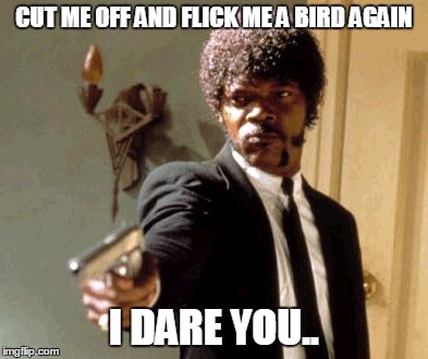 Say That Again I Dare You Meme | CUT ME OFF AND FLICK ME A BIRD AGAIN I DARE YOU.. | image tagged in memes,say that again i dare you | made w/ Imgflip meme maker