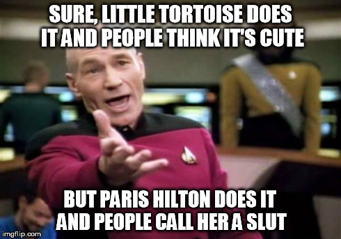 Picard Wtf Meme | SURE, LITTLE TORTOISE DOES IT AND PEOPLE THINK IT'S CUTE BUT PARIS HILTON DOES IT AND PEOPLE CALL HER A S**T | image tagged in memes,picard wtf | made w/ Imgflip meme maker