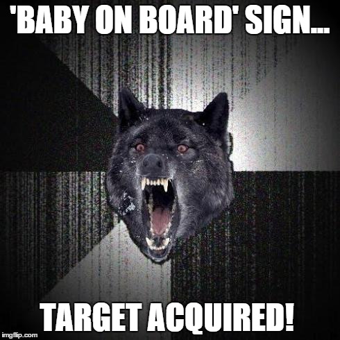 The stuff my weird friend says. | 'BABY ON BOARD' SIGN... TARGET ACQUIRED! | image tagged in insanity wolf,memes,baby | made w/ Imgflip meme maker