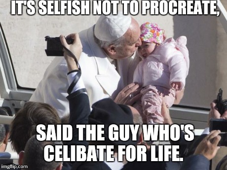 Pope on it | IT'S SELFISH NOT TO PROCREATE, SAID THE GUY WHO'S CELIBATE FOR LIFE. | image tagged in pope on it | made w/ Imgflip meme maker