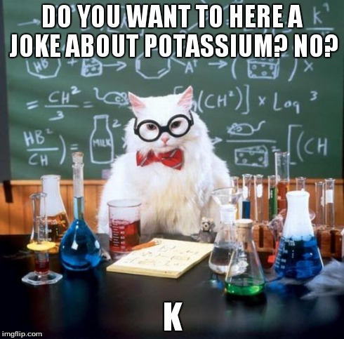 Chemistry Cat | DO YOU WANT TO HERE A JOKE ABOUT POTASSIUM? NO? K | image tagged in memes,chemistry cat | made w/ Imgflip meme maker