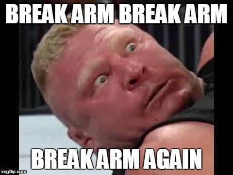 Brock Lesnar is not happy | BREAK ARM BREAK ARM BREAK ARM AGAIN | image tagged in brock lesnar is not happy | made w/ Imgflip meme maker