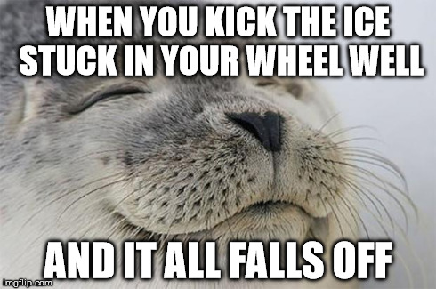 Satisfied Seal Meme | WHEN YOU KICK THE ICE STUCK IN YOUR WHEEL WELL AND IT ALL FALLS OFF | image tagged in memes,satisfied seal,AdviceAnimals | made w/ Imgflip meme maker