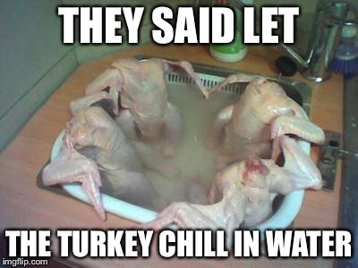 Whats up with turkey dinner?  | THEY SAID LET THE TURKEY CHILL IN WATER | image tagged in whats up with turkey dinner | made w/ Imgflip meme maker