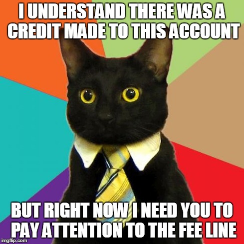 Business Cat | I UNDERSTAND THERE WAS A CREDIT MADE TO THIS ACCOUNT BUT RIGHT NOW I NEED YOU TO PAY ATTENTION TO THE FEE LINE | image tagged in memes,business cat | made w/ Imgflip meme maker