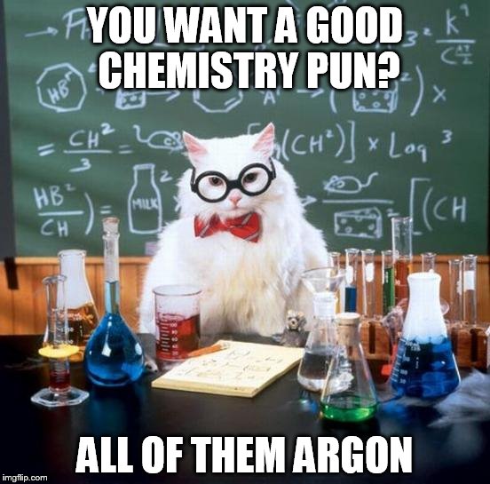 Chemistry Cat Meme | YOU WANT A GOOD CHEMISTRY PUN? ALL OF THEM ARGON | image tagged in memes,chemistry cat | made w/ Imgflip meme maker