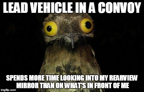 Weird Stuff I Do Potoo | LEAD VEHICLE IN A CONVOY SPENDS MORE TIME LOOKING INTO MY REARVIEW MIRROR THAN ON WHAT'S IN FRONT OF ME | image tagged in memes,weird stuff i do potoo | made w/ Imgflip meme maker