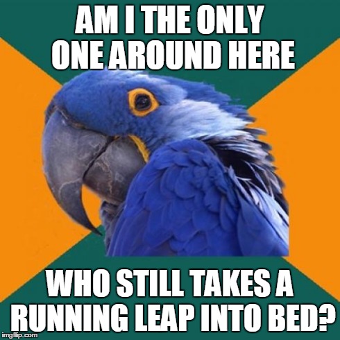 Paranoid Parrot Meme | AM I THE ONLY ONE AROUND HERE WHO STILL TAKES A RUNNING LEAP INTO BED? | image tagged in memes,paranoid parrot | made w/ Imgflip meme maker
