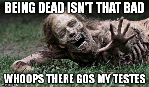 Walking Dead Zombie | BEING DEAD ISN'T THAT BAD WHOOPS THERE GOS MY TESTES | image tagged in walking dead zombie | made w/ Imgflip meme maker