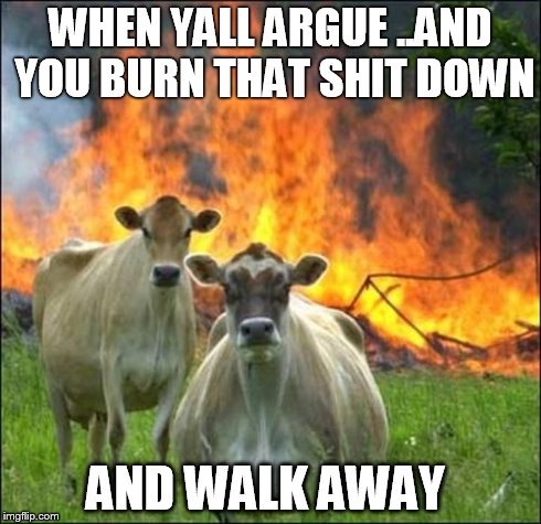 Evil Cows | WHEN YALL ARGUE ..AND YOU BURN THAT SHIT DOWN AND WALK AWAY | image tagged in memes,evil cows | made w/ Imgflip meme maker