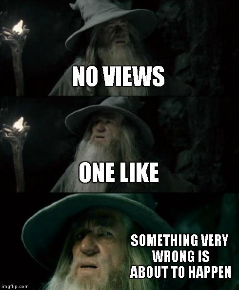 Confused Gandalf Meme | NO VIEWS ONE LIKE SOMETHING VERY WRONG IS ABOUT TO HAPPEN | image tagged in memes,confused gandalf | made w/ Imgflip meme maker