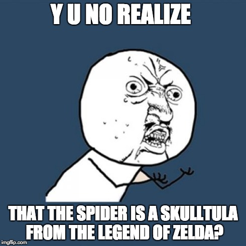 Y U No Meme | Y U NO REALIZE THAT THE SPIDER IS A SKULLTULA FROM THE LEGEND OF ZELDA? | image tagged in memes,y u no | made w/ Imgflip meme maker