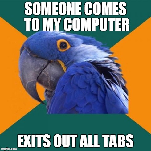 Paranoid Parrot Meme | SOMEONE COMES TO MY COMPUTER EXITS OUT ALL TABS | image tagged in memes,paranoid parrot | made w/ Imgflip meme maker